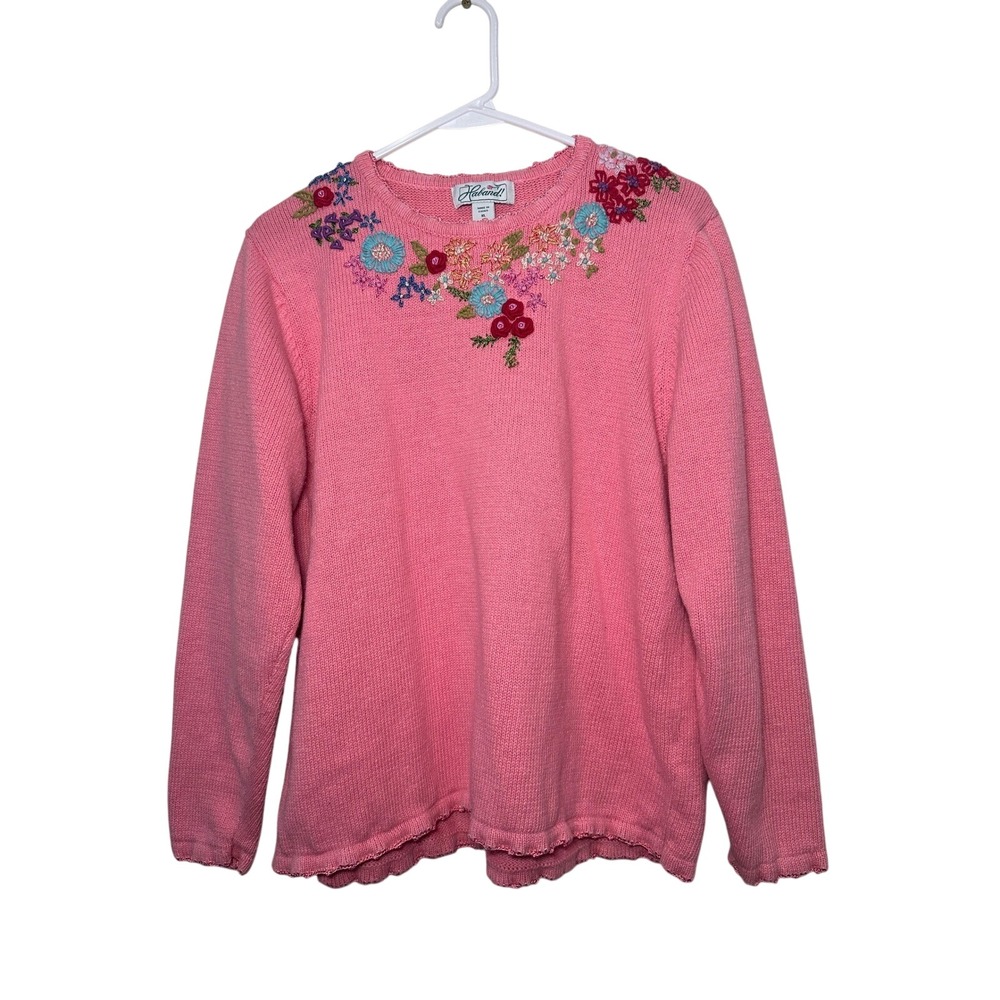 Haband Pink Floral Embroidered Crewneck Sweater Ramie Cotton Scalloped Trim XL
